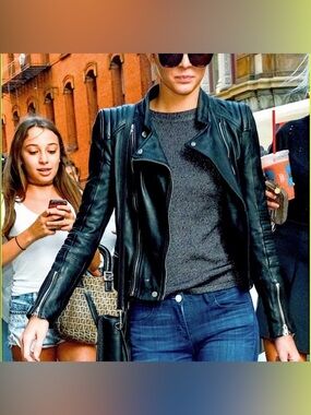 ZARA worn by Kylie & Kendall Jenner Women's Black Genuine Leather Moto Jacket